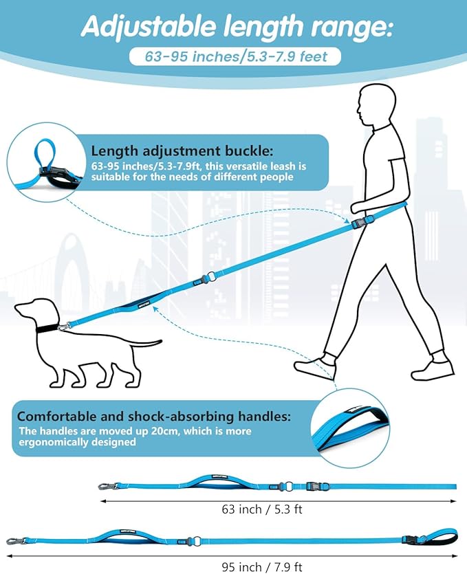 Hands Free Dog Leash, Multifunctional Crossbody Leash, Long Waist Dog Belt with Car Safety Buckle and Double-Sided Reflective Stitches（Blue 5.3-7.9ft-Medium）
