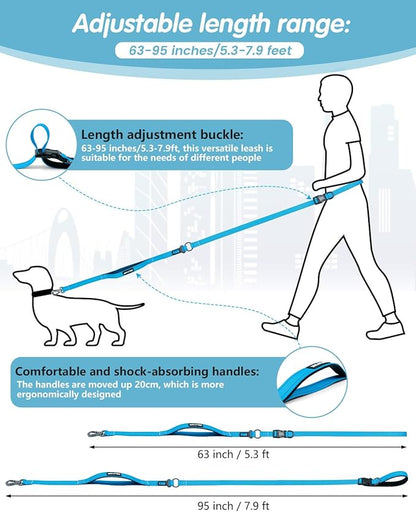 Hands Free Dog Leash, Multifunctional Crossbody Leash, Long Waist Dog Belt with Car Safety Buckle and Double-Sided Reflective Stitches（Blue 5.3-7.9ft-Medium）