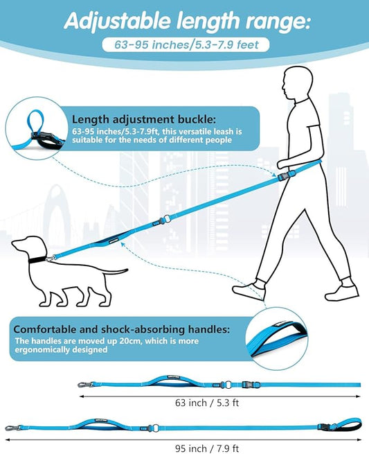 Hands Free Dog Leash, Multifunctional Crossbody Leash, Long Waist Dog Belt with Car Safety Buckle and Double-Sided Reflective Stitches（Blue 5.3-7.9ft-Medium）