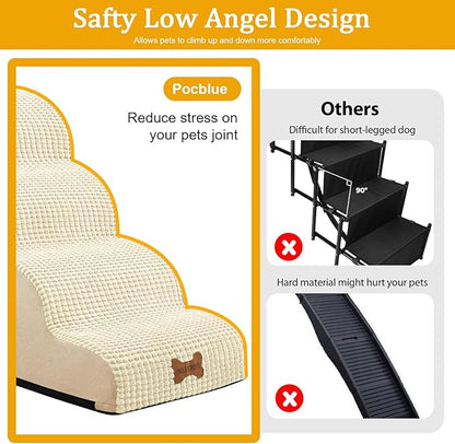 Dog Stairs for Small Dogs, Wide Pet Step with Removable Cover, No Assembly High Density Foam Cat Ramp for Bed or Sofa, 4-Step, Beige