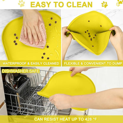 Small Silicone Pet Food Mat with Raised Edge for Food and Water Bowl, Square Dog Feeding Mats, Cat Food Trays for Floor Waterproof, Rubber Tray for Dogs and Cats, 12 x 12 x 0.7 Light Yellow