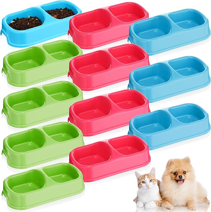 Hsei 12 Pieces Plastic Cat Dog Food Water Bowl Set Double Pet Dog Food Bowl for Kennel Cattery Small Medium Size Cats Puppies, 3 Assorted Colors (11.25 x 5.9 x 3.03 Inch)