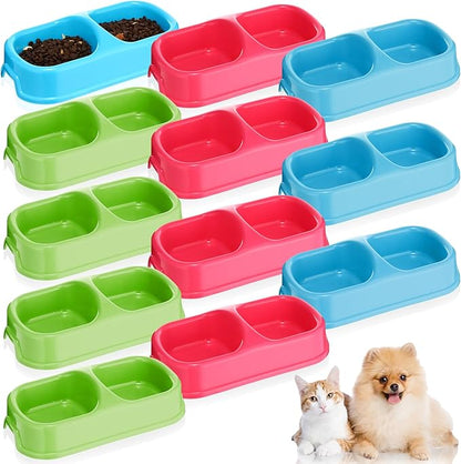 Hsei 12 Pieces Plastic Cat Dog Food Water Bowl Set Double Pet Dog Food Bowl for Kennel Cattery Small Medium Size Cats Puppies, 3 Assorted Colors (11.25 x 5.9 x 3.03 Inch)