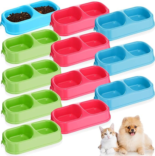 Hsei 12 Pieces Plastic Cat Dog Food Water Bowl Set Double Pet Dog Food Bowl for Kennel Cattery Small Medium Size Cats Puppies, 3 Assorted Colors (11.25 x 5.9 x 3.03 Inch)