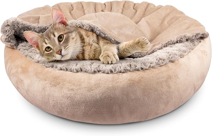 JOEJOY Small Dog Cat Bed With Hooded Blanket, Cozy Cuddler Luxury Puppy Pet Donut Round Calming Anti-Anxiety Burrow Cave - Anti-Slip Bottom, Machine Washable, 23 Inch