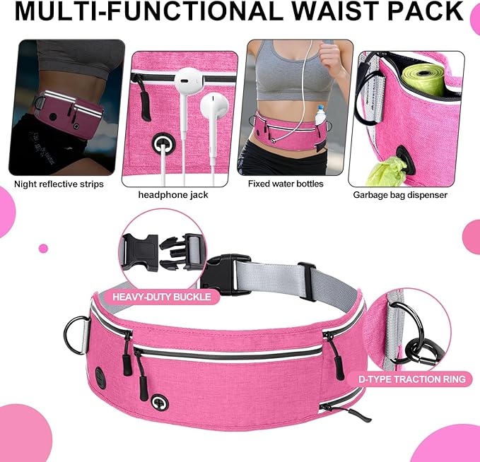 Hands Free Dog Leash with Zipper Pouch, Waist Leash for Dog Walking and Running, Dual Padded Handles, Shock-Absorbing Bungee for Medium to Large Dogs (Pink)