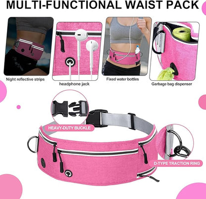 Hands Free Dog Leash with Zipper Pouch, Waist Leash for Dog Walking and Running, Dual Padded Handles, Shock-Absorbing Bungee for Medium to Large Dogs (Pink)