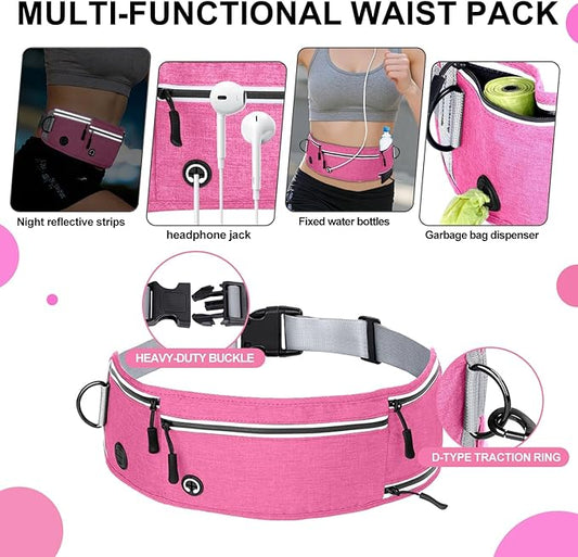 Hands Free Dog Leash with Zipper Pouch, Waist Leash for Dog Walking and Running, Dual Padded Handles, Shock-Absorbing Bungee for Medium to Large Dogs (Pink)