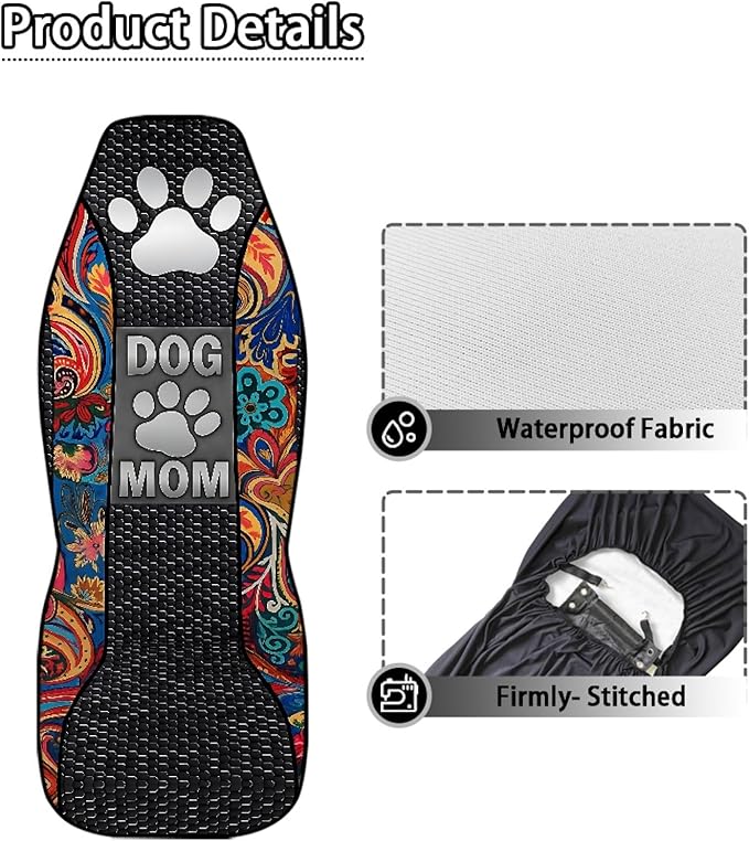 Dog Mom Paw Car Seat Covers Front Seats Boho Flower Waterproof Front Seat Covers Auto Interior Decor Bucket Seat Covers Suitable for Cars, SUV and Trucks
