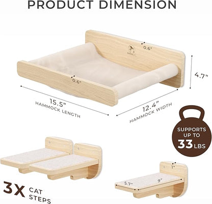 Space-Saving Cat Wall Shelves – Interactive Cat Wall Climber with Hammock & Dog Proof Feeding Station for Small & Medium Indoor Breeds – Solid Natural Wood with Beige Carpet