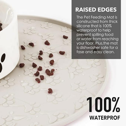 Silicone Pet Food Mat - Waterproof Dog Food Bowl Mat Cat Feeding Mat Thicker Pet Placemat Eating Mat with High Lip to Prevent Spills, Dog Cat Water Bowl Mat for Messy Drinkers to Protect Floors, Beige