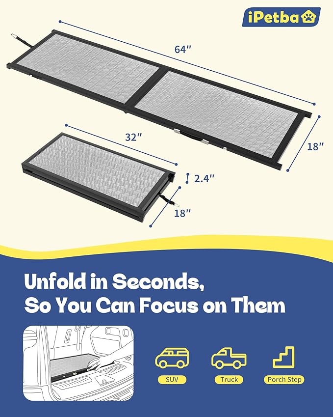 Large Dog Ramp for Car, SUV & Truck 64" – Joint & Spine Relief, Anti-Slip Surface, Heavy-Duty, Stable, Up to 100 lbs