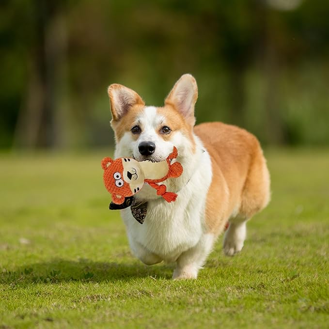 Cute Animals Interactive Squeaky Dog Toy with a Vocal Bladder, Crinkle Paper Stuffed Soft Cotton Chew Toy, Teething Rope Tug of War Pull Toy to Keep Them Busy for Puppy, Small Dogs - Orange Tiger