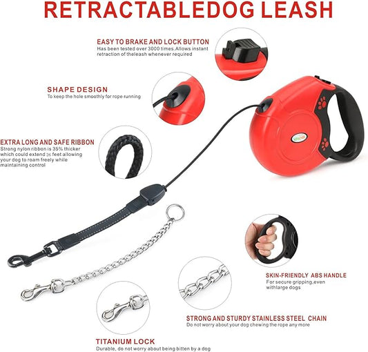 Idepet Heavy Duty Retractable Dog Leash for Small and Medium Dogs, Anti-Chewing Steel Chain Design,360 DegreeTangle-Free,Break and Lock System,26ft Leash Dog Walking (Red, Round Rope)
