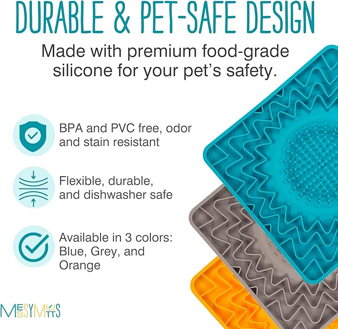 Messy Mutts Framed Silicone Therapeutic Licking Bowl Mat | 9.5" x 9.5" | Slow Feeder Mat for Boredom & Anxiety | Lick Pad for Dogs & Cats | Blue