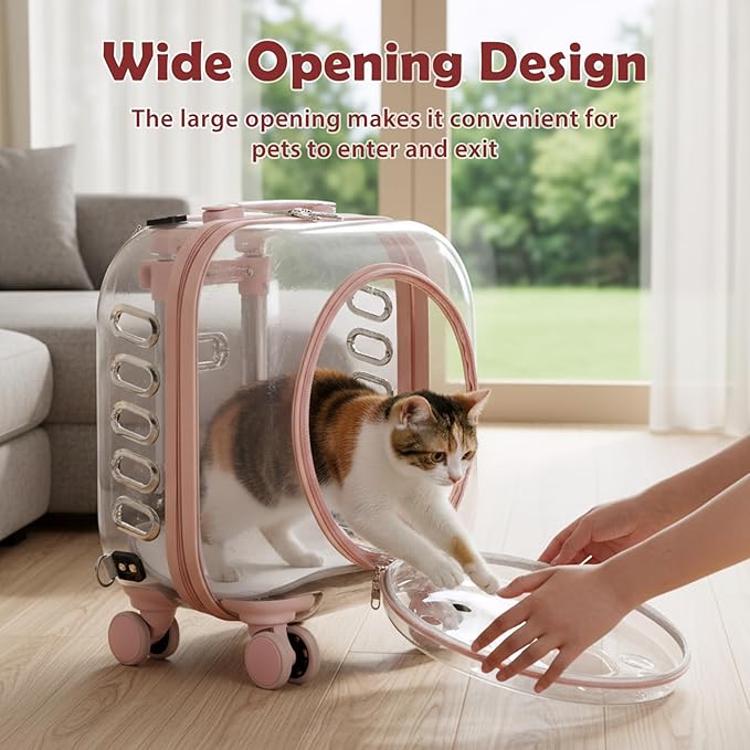 Pet Trolley Case with Ventilation Holes, Pet Carrier,Pet Rolling Carrier,Clear Window Pet Trolley Case,Pet Strollers for Small Dogs,Cat Carrier with Silent Wheels Telescopic for Travel (Pink-A)