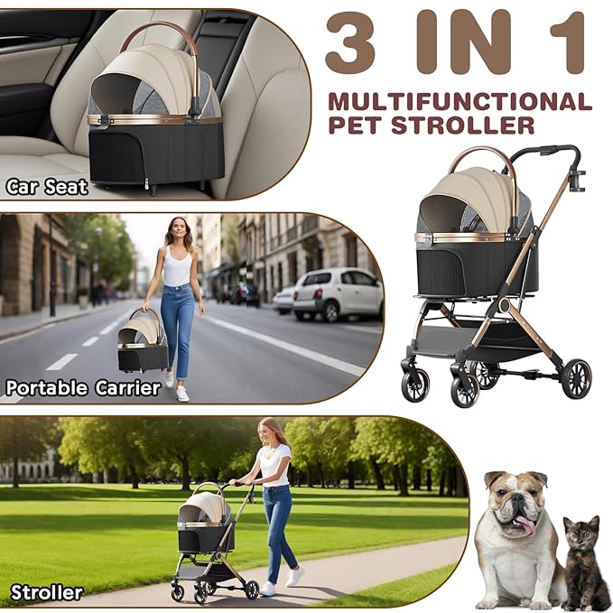 4 Wheels Pet Stroller for Small Medium Dogs Cats Up to 45 lbs Folding Dog Stroller with Detachable Breathable Carrier Suitable for Car Seat, Hand Carry & Travel, All Terrain, 3 in 1 Multifunctional