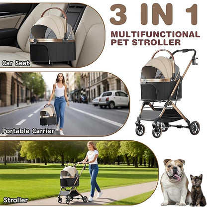 4 Wheels Pet Stroller for Small Medium Dogs Cats Up to 45 lbs Folding Dog Stroller with Detachable Breathable Carrier Suitable for Car Seat, Hand Carry & Travel, All Terrain, 3 in 1 Multifunctional