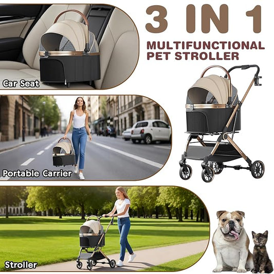 4 Wheels Pet Stroller for Small Medium Dogs Cats Up to 45 lbs Folding Dog Stroller with Detachable Breathable Carrier Suitable for Car Seat, Hand Carry & Travel, All Terrain, 3 in 1 Multifunctional