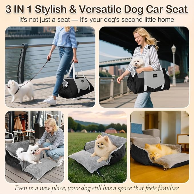 SIVES Dog Car Seat for Small Dogs, Soft Booster Seat Travel Bed with Side Flaps, Non-Slip Base, Seat Belt Straps + Safety Tether, Storage Pocket, Washable Cushion, Recommended Up to 33 lbs, Black