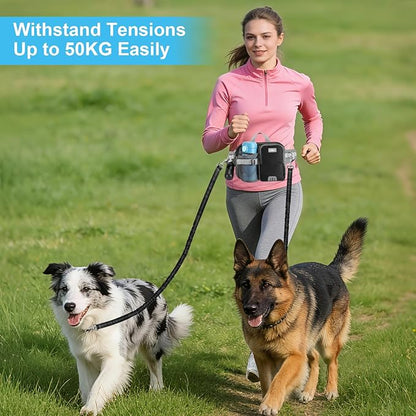 ETACCU Hands Free Dog Leash with Phone Pouch for 2 Dogs, Water Bottle Holder - Adjustable Waist Belt 19-38 Inch Belt Leash for Running, Reflective Shock Absorbing 48"-70" Extendable (Black 2)