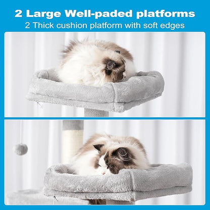 Hey-brother Large Multi-Level Cat Tree Condo Furniture with Sisal-Covered Scratching Posts, 2 Bigger Plush Condos, Perch Hammock for Kittens, Cats and Pets Light Gray MPJ020W