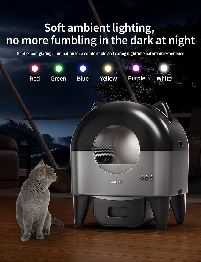 Self Cleaning Litter Box,95L Automatic Self Cleaning Cat Litter Box,Smart Electric Litter Box with App Control 8 Safety Sensors for Multiple Cats,Advanced Odor Control,Night Light OMCPET(Dark Gray)