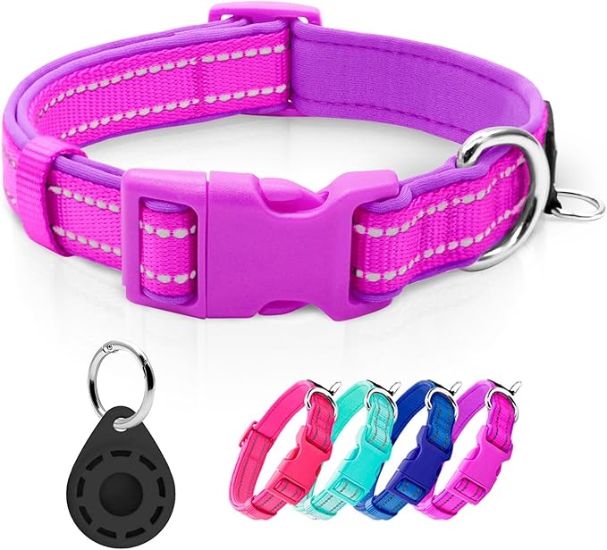 azuza Reflective Dog Collar with Airtag Holder, Soft Neoprene Padded Pet Collar with ID Tag Ring, Adjustable for Puppy and Small Dogs,Purple,XS