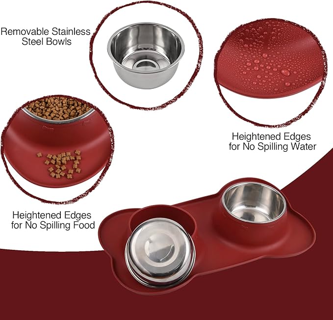 Dog Bowls 2 Stainless Steel Bowl for Pet Water and Food Feeder with Non Spill Skid Resistant Silicone Mat for Pets Puppy Small Medium Cats Dogs