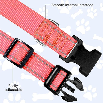 FunTags Reflective Dog Collar, Sturdy Nylon Collars for Large Girl and Boy Dogs, Adjustable Dog Collar with Quick Release Buckle, Neon Pink