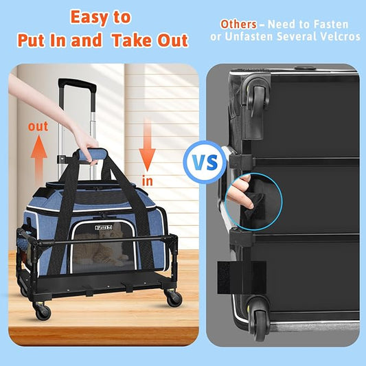 Petskd Top and Side Expandable Pet Carrier with Wheels 18x13x9.5 Inches Southwest Airline Approved, Soft-Sided Carrier for Small Cats and Dogs with Locking Safety Zippers and Anti-Scratch Mesh(Blue)