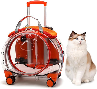 Pet Carrier with Wheels for Cats and Dogs, Clear Hard-Shell Rolling Pet Carrier with Retractable Handle, Airline-Approved Travel Carrier, Portable Cat and Dog Stroller (Orange)