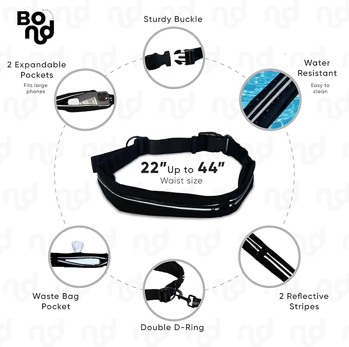 Bond Dog Running Leash Hands Free with Pouch, Hands Free Leash for Large Dogs, Pet Lead Running Belt for Walking & Canicross Belt, Includes Waist Jogging Fanny Pack & Pet Car Seat Belt Safety