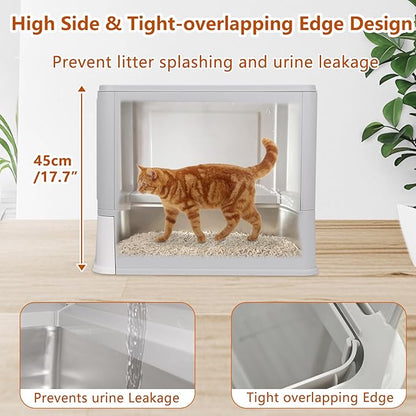 Enclosed Stainless Steel Cat Litter Boxes,Large Foldable Litter Box with Lid,Hooded Covered Stainless Steel Cat Litter Box,Easy Cleaning,No Urine Leakage,Deeper Pan