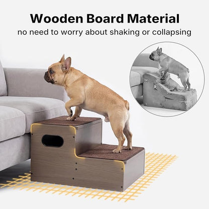 Veehoo Wooden Dog Steps for Bed Couch with Storage 18"H 20"W, 2 Step Pet Stairs for Dogs to Get on Bed with Non Slip Rug, Jiont Friendly Pet Cat Stairs Puppy Doggy Ramp Ladder for Small to Large Dogs