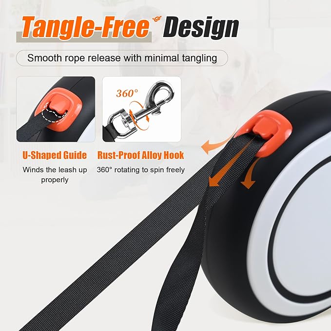 BIGNADO 26ft/8m Retractable Dog Leash with Poop Bag Holder for Medium Large Dogs Up to 110lbs/50kg, Heavy Duty Dog Walking Leash with Anti-Slip Grip, No-Tangle Leashes, One-Handed Lock - White