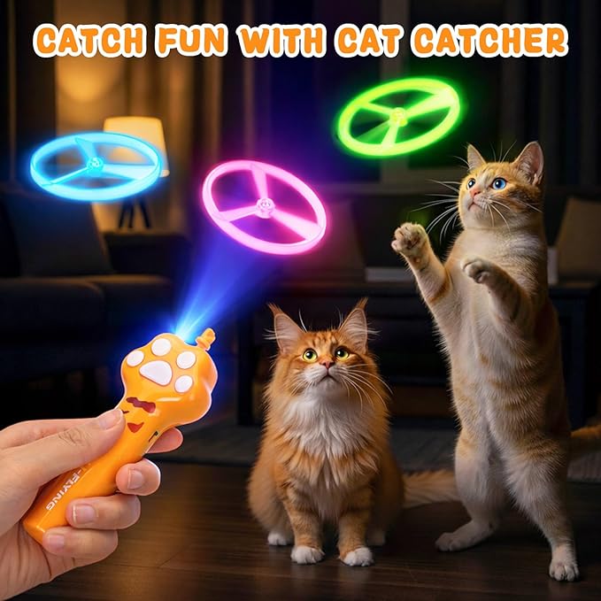 Cat Chase Fetch Toy - Rechargeable Disc Launcher with 6 Flying Spinners - Best Interactive Pet Hunting Toys for Indoor Outdoor Yard Cats Dog (Yellow)