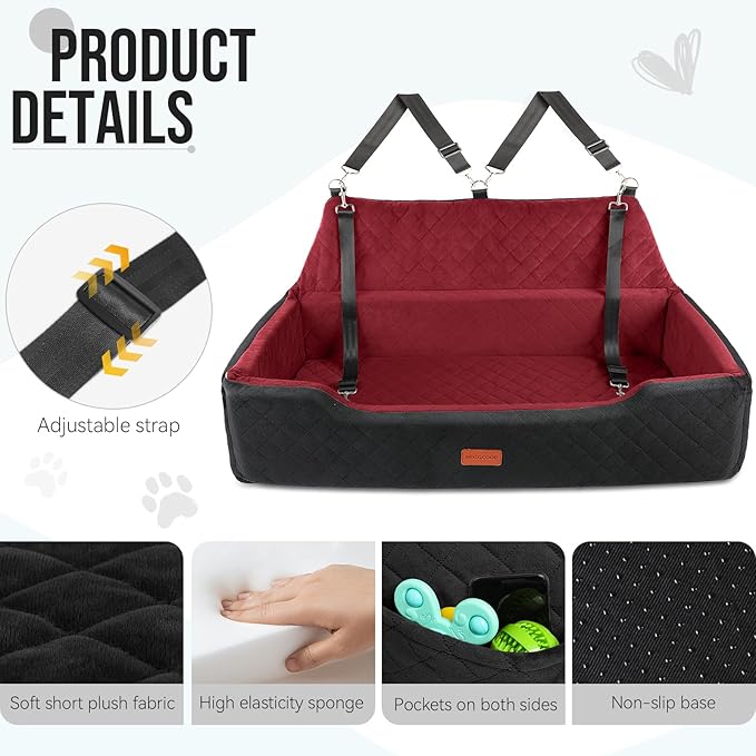 HEGGCOOE Large Dog Car Seat Under 100 lbs, Washable Dog Car Bed for 2 Medium Dogs, Detachable Pet Booster Seat with Storage Pocket and Seat Belt for Back Seat