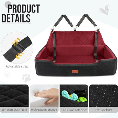 HEGGCOOE Large Dog Car Seat Under 100 lbs, Washable Dog Car Bed for 2 Medium Dogs, Detachable Pet Booster Seat with Storage Pocket and Seat Belt for Back Seat