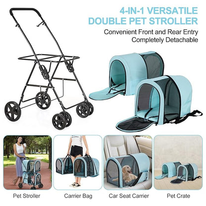 Double Pet Stroller for Dogs and Cats with 2 Detachable Carrier, Quick-Folding Dog Stroller for Medium Small Dogs Cats, 4 Wheels, Light Blue