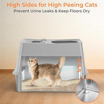 URPOWER Stainless Steel Cat Litter Box with Lid 110° Flip-Top Extra Large Enclosed Litter Box Non-Sticky Metal Pan with High Sided & Scoop, Odor Free, Front & Top Entry, Anti-Leakage, Easy Cleaning