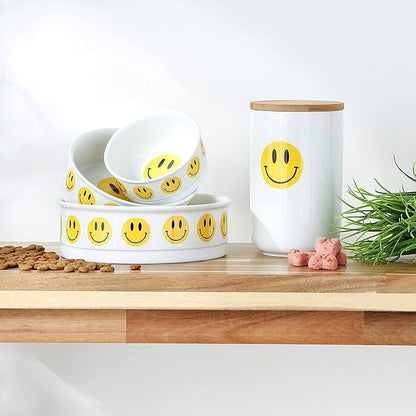 Bone Dry Ceramic Food Bowls, Non-Slip & Dishwasher Safe, Large Set, 7.5x2.4, Smiley Face, 2 Count