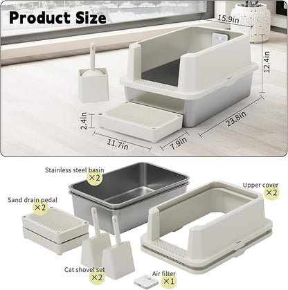 RIZZARI Stainless Steel Litter Box: Beige Leakproof Open Top Tray - Heavy Duty - Odor Resistant- Teflon Non-Stick Coating Cleaning - with Deodorizer - 2 Pack - for Laundry Room Restroom