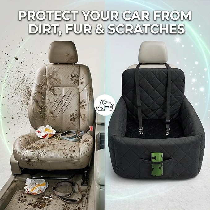 Small Dog Car Seat & Medium Dogs with 4 Rolls of Poo Bags, Booster Seat with Detachable Washable Cover, Travel-Safe with Safety Belts & Storage Pockets, Made with Soft Cotton & Durable Polyester