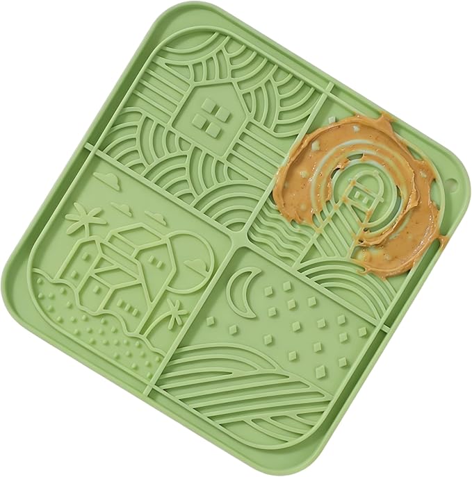 Dog Lick Mat with Suction Cups, 4-Texture Enrichment Slow Feeder for Dogs & Cats, Non-Slip Silicone Licking Pad for Anxiety Relief, Bathing & Training (Green)