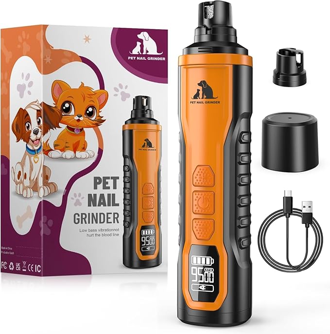Electric Dog Nail Grinder: 5-Speed Quiet Dog Nail Trimmer with LED Light, Adjustable Safety Guard, Rechargeable Cordless Design for Small to Large Dogs & Cats(Orange)