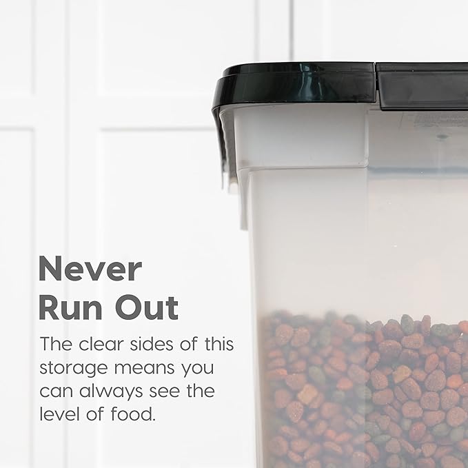 IRIS USA Airtight Dog Food Storage Container, WeatherPro, Up to 25 lbs, Removable Wheels, for Dog Cat Bird and Other Pet Food Storage Bin, Keep Fresh, Translucent Body, Made in USA, Clear/Black