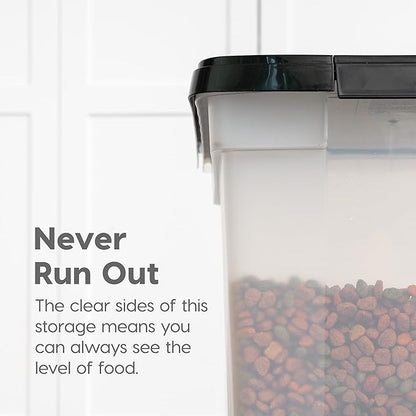 IRIS USA Airtight Dog Food Storage Container, WeatherPro, Up to 25 lbs, Removable Wheels, for Dog Cat Bird and Other Pet Food Storage Bin, Keep Fresh, Translucent Body, Made in USA, Clear/Black