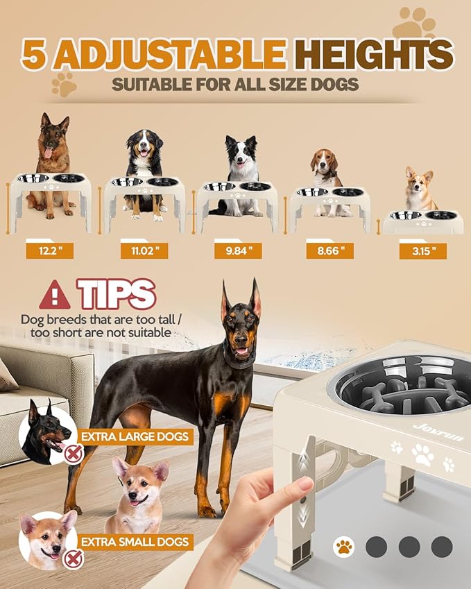 Elevated Dog Bowls for Medium Size Dogs with Mat, Non-Slip Dog Feeder with 1*Stainless Steel Dishes & 1*Slow Feeder Bowl, 5 Heights Adjustable Raised Bowls for 3.15″-8.66″-9.84″-11.02″-12.2″