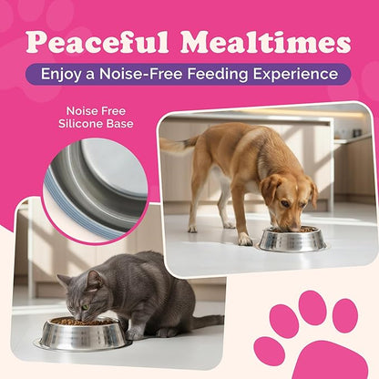 Stainless Steel Dog Bowls - Cat Bowls (Pack of 3) - Anti Skid & Non Tip Dog Water Bowl | Cat Water Bowl Set - Dishwasher Safe - 32 Oz - 950 ml - 23 cm Diameter (Elegant Silver Stripes)